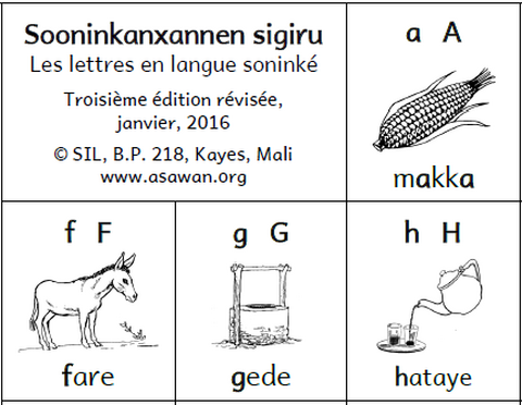 Tableau alphabétique : Un tableau avec un mot clé et une illustration pour chaque lettre de l'alphabet soninké.